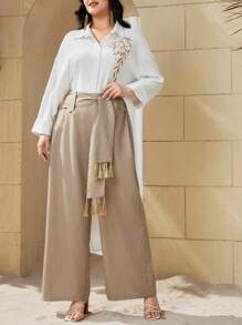 Mulvari Kích thước lớn Của phụ nữ Cao eo Nút phía trước Tua Quần - Màu nâu  Mocha - Xem 8