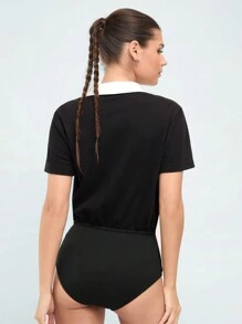 Forever 21 Sports Contrast Collar Women's Bodysuit - Black and White - View 2