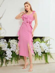 MOTF PREMIUM Asymmetrisches Schulterraffung GeSchlitztetes Schenkel Kleid