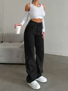 CasuGlow 100%Cotton Washed Loose Straight-Leg Jeans With Slant Pockets - Black - View 4