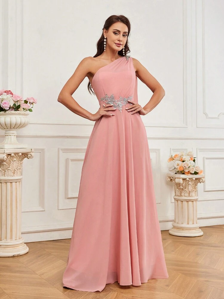 One-Shoulder Flower Embroidery & Waist Belt Design Evening Dress