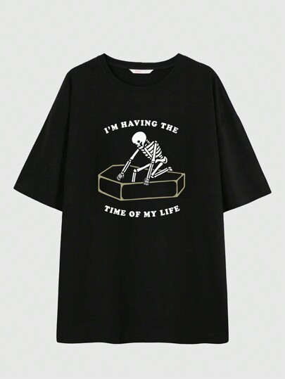 Catsneeze Goth Slogan Skull Graphic Drop Shoulder Tee I'M HAVING THE TIME OF MY LIFE, School