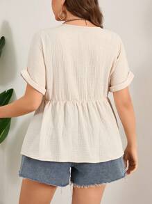 SHEIN LUNE 大尺碼米色V領夏季舒適透氣襯衫女款Dolman袖襯衫鄉村音樂會裝