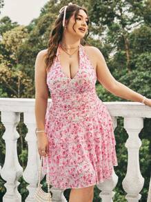 Dreamara Plus Size Floral Print V-Neck Ruffle Trim Halter Neck Dress
