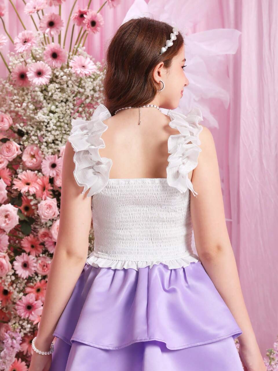 Teen Girl Exaggerated Ruffle Strap Crop Top With Shirring Detail And Ruffle Hem