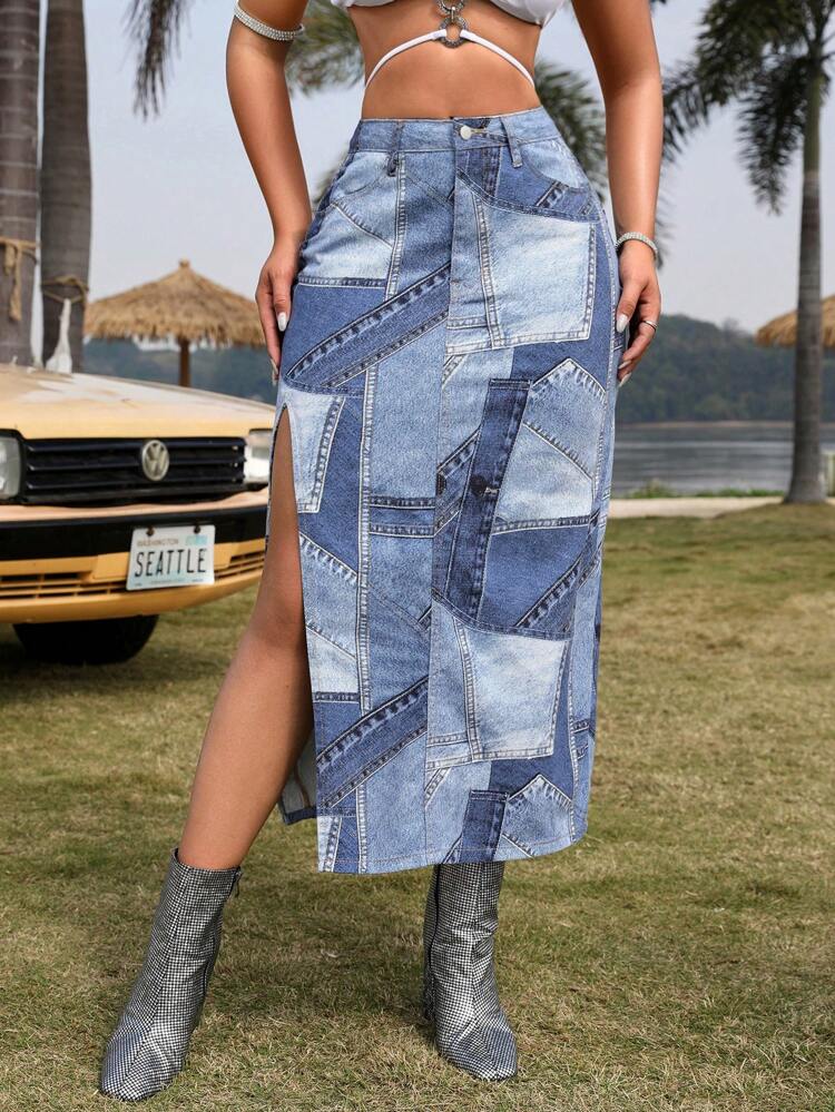 Women's Denim Side Slit Midi Skirt