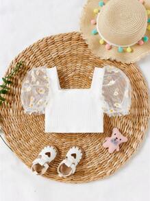 SHEIN Baby Mädchen Oberteil mit Gänseblümchen Print und kontrastierendem Netzstoff, Puffärmeln und eckigem Ausschnitt