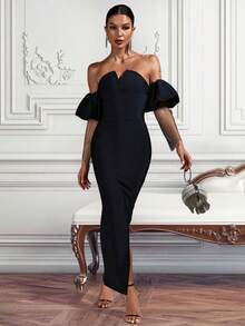 Women's Diamond Inlaid Mesh Insert Off-Shoulder Split Cocktail Dress - Black - View 4