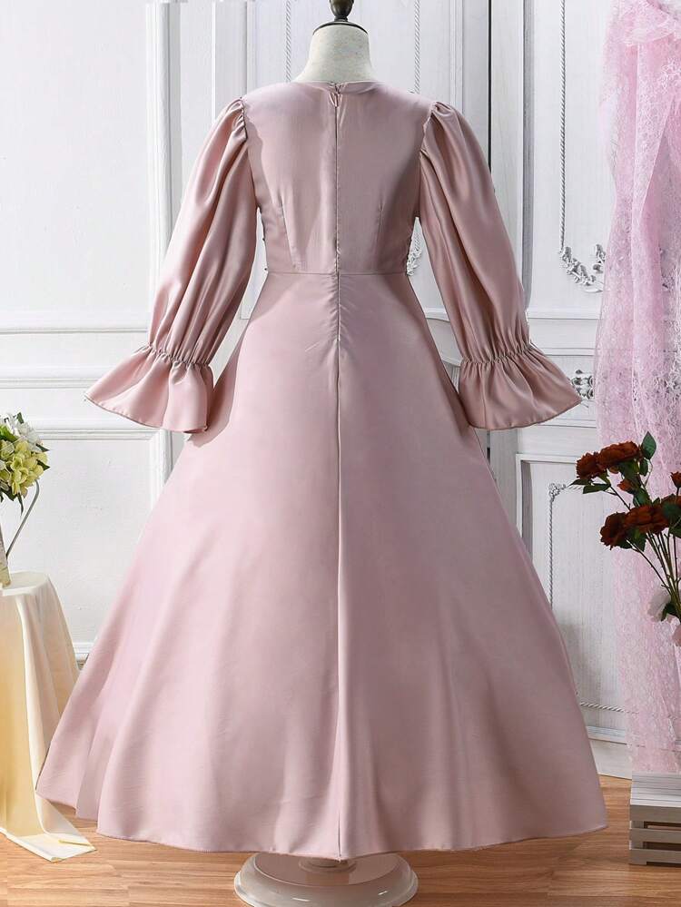 Teen Girl Round Neck Color Block Dress With Belt Detail