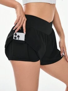 SHEIN Sports Solid Color Overlapping Waist Athletic Shorts