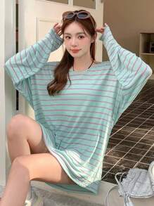 DAZY Women's Striped Drop Shoulder Loose Fit T-Shirt Linen