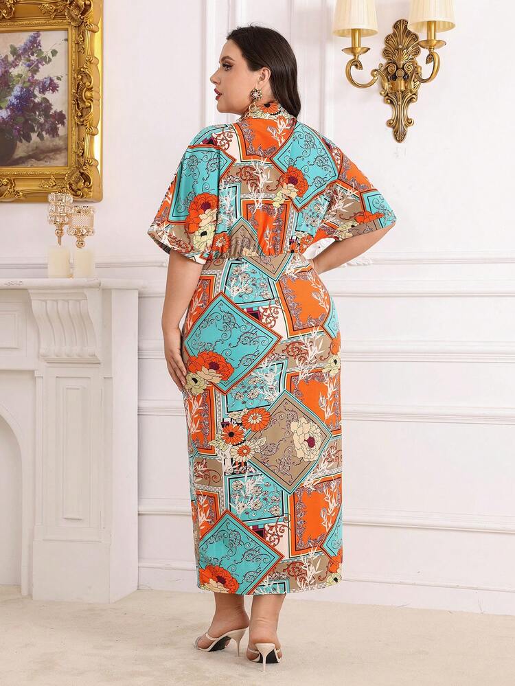 Plus Size Floral Print Button Front Short Sleeve Dress Long Evening Dresses