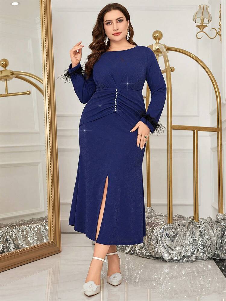 Plus Size Elegant Plush Sleeve With Slit Jointed Midi Dress Long Evening Dresses