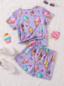 SHEIN Young Girl Ice Cream Print Tee & Shorts Set - Purple - View 2