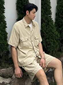 DAZY Men's Solid Color Work Shirt And Shorts Set - Apricot - View 3