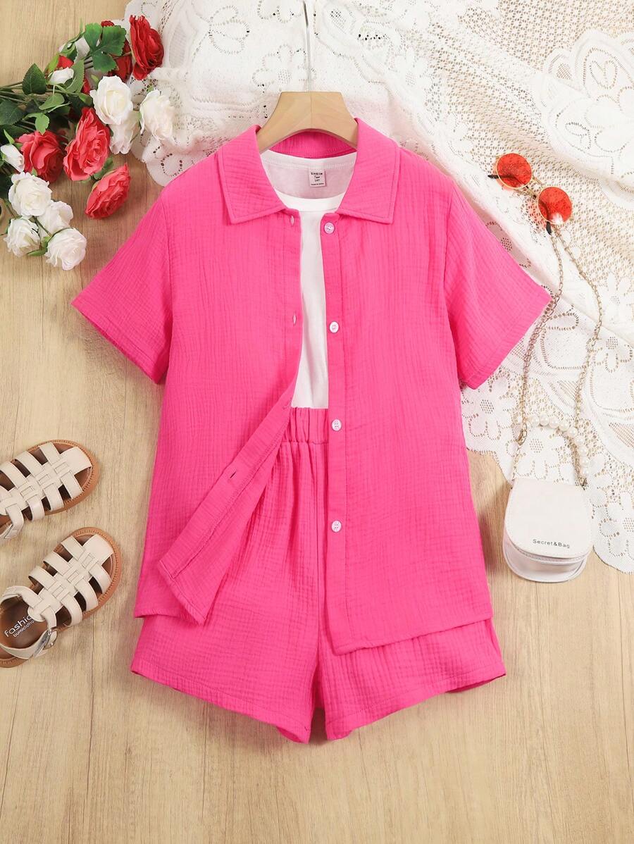 青少女實色短袖襯衫和短褲套裝 - 玫紅色 - 查看 1