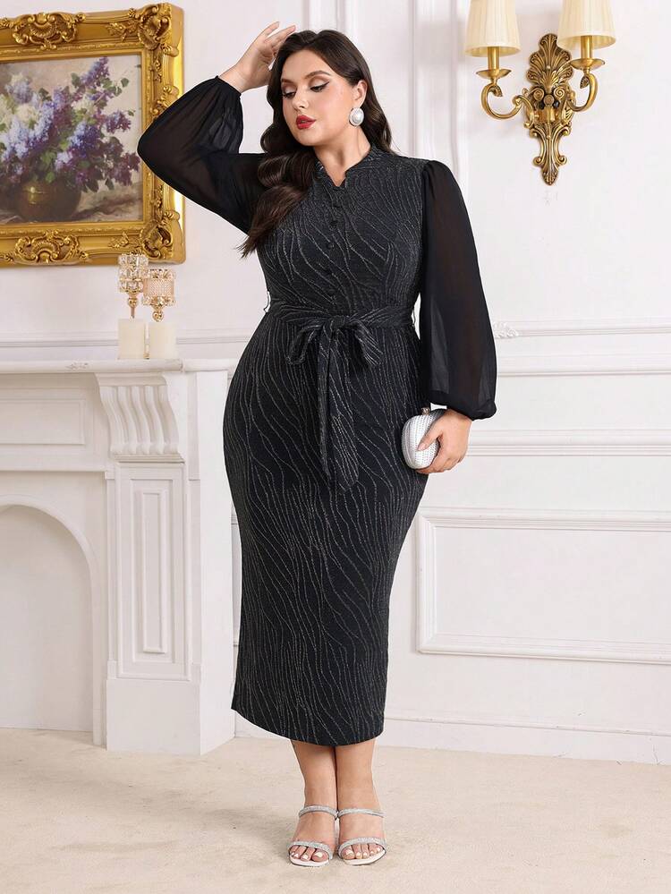 Plus Size Sparkly Patchwork Lantern Sleeve Mermaid Hem Dress Long Evening Dresses