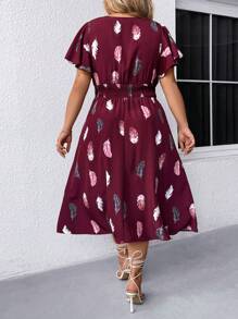 SHEIN Clasi Plus Size Women's Feather Print Short Sleeve Dress For Summer - Burgundy - View 2