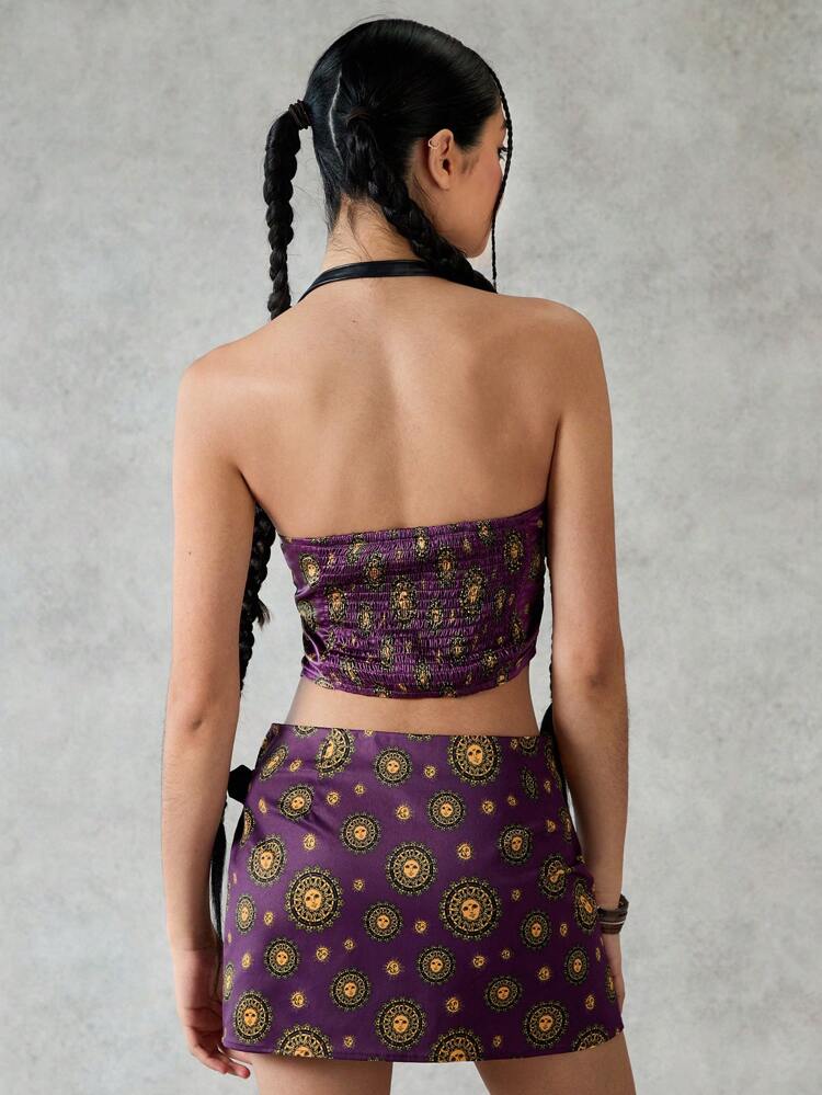 Women's Sun Face Print Halter Neck Vest And Skirt Set Cowgirl Outfit