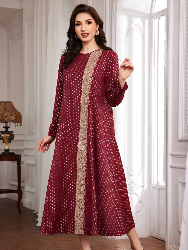 Burgundy Red Women's Arabian Style Gold Foil Printed Dress