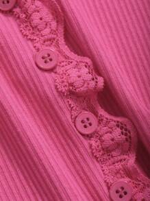 DAZY 女士情人节纯色撞色蕾丝长袖纽扣T恤外出上衣 - 玫紅色 - 查看 6