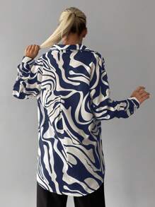 SHEIN Cottnline Women's Elegant Random Printed Blouse - Navy Blue - View 2