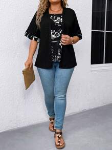 SHEIN LUNE Kích thước lớn Hoa In Vá lại Cổ áo vuông Áo sơ mi - màu đen - Xem 5