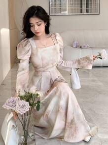 DAZY 墨迹晕染图案收腰羊腿袖中长连衣裙、荷叶边、秋季连衣裙长袖连衣裙 - 淺粉色 - 查看 6