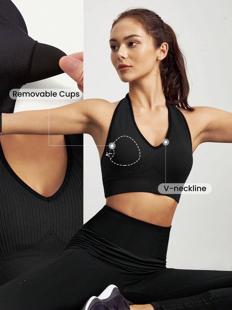 Sutiã Esportivo Halter Retrô Pin-teresting Sem Costura, Suave Com Suporte Leve E Capaz De Absorver Umidade