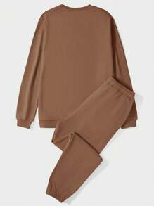 EURMUSE Men's Simple Solid Color Round Neck Short Sleeve T-Shirt And Long Pants Set - Brown - View 2
