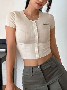 DAZY Của phụ nữ Ngắn tay In thư Quần skinny Thon gọn Áo thun - Màu be - Xem 2