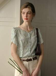 Simple Retro Women's Small Floral Print Button-Down Petal Sleeve Shirt Summer Tops Elegant French Tops - Green - View 5