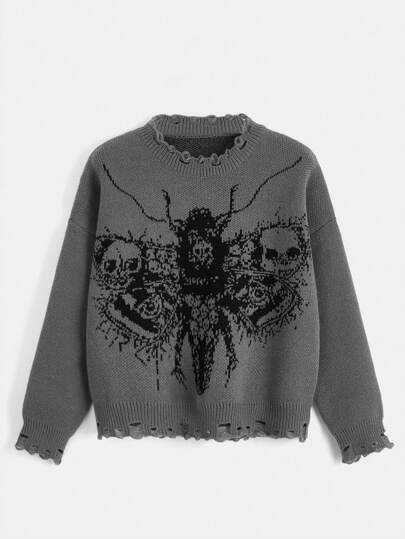 Goth Skull Pattern Drop Shoulder Distressed Sweater