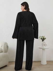 EURMUSE Solid Cross Belted Top & Wide Leg Pants - Black - View 2