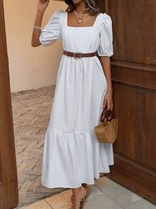 EURMUSE Square Neck, Baloon Sleeve, Layered Maxi Dress - White - View 1
