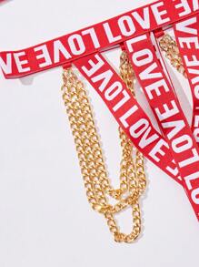 Letter Graphic Chain Detail Halter Lingerie Set - Red and White - View 5