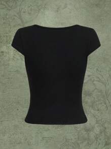 ROMWE Fairycore 蝴蝶和口号图案 T 恤蝴蝶是所有昆虫中最美丽的一种，学校 - 黑色 - 查看 2