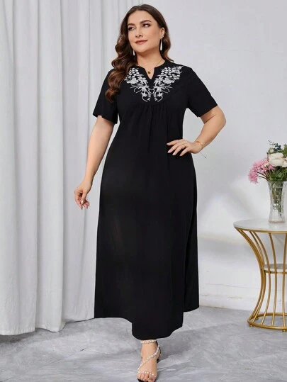 EMERY ROSE 大尺碼花卉刺繡缺角修身洋裝