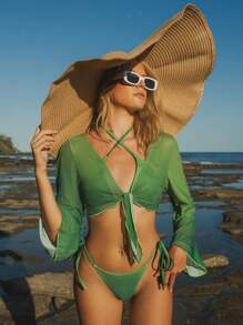 SHEIN Swim 漸層比基尼套裝交叉吊脖微三角形文胸和丁字褲下裝和前繫帶罩衫3入組泳衣 - 綠色 - 查看 5