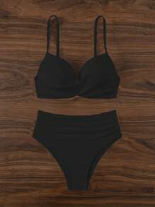 SHEIN Swim 夏季海滩 V 领比基尼套装，细肩带和高腰 - 黑色 - 查看 4