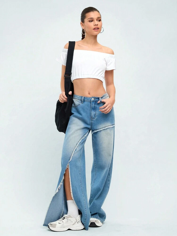 Solid Color Off Shoulder Cropped Casual Top
