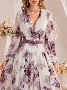 女式花卉印花网眼灯笼袖阿拉伯连衣裙，端庄 - 彩色 - 查看 5