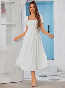 PARTHEA Square Neck Ruched Puff Sleeve Dress - White - View 1