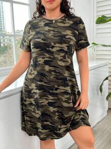 SHEIN EZwear 大码女式夏季针织迷彩连衣裙 - 彩色 - 查看 1