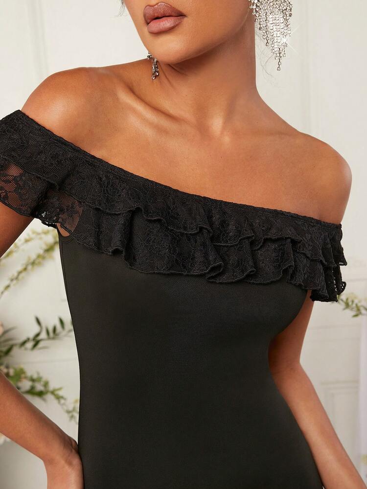 Off Shoulder Ruffle Lace Trim Dress
