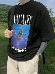 DAZY Men's Summer T-Shirt With Character & Letter Print,Fall Clothes - Black - View 3