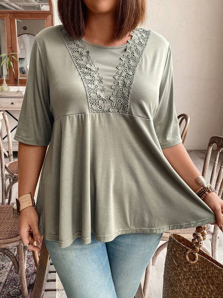 Plus Size Lace Splice Round Neck Casual T-Shirt