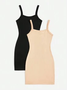 SHEIN Privé 2pcs Solid Color Tight-Fitting Strapless Open Shoulder Dresses, Suitable For Commuting, Outdoor Activities And Shopping - Multicolor - View 2