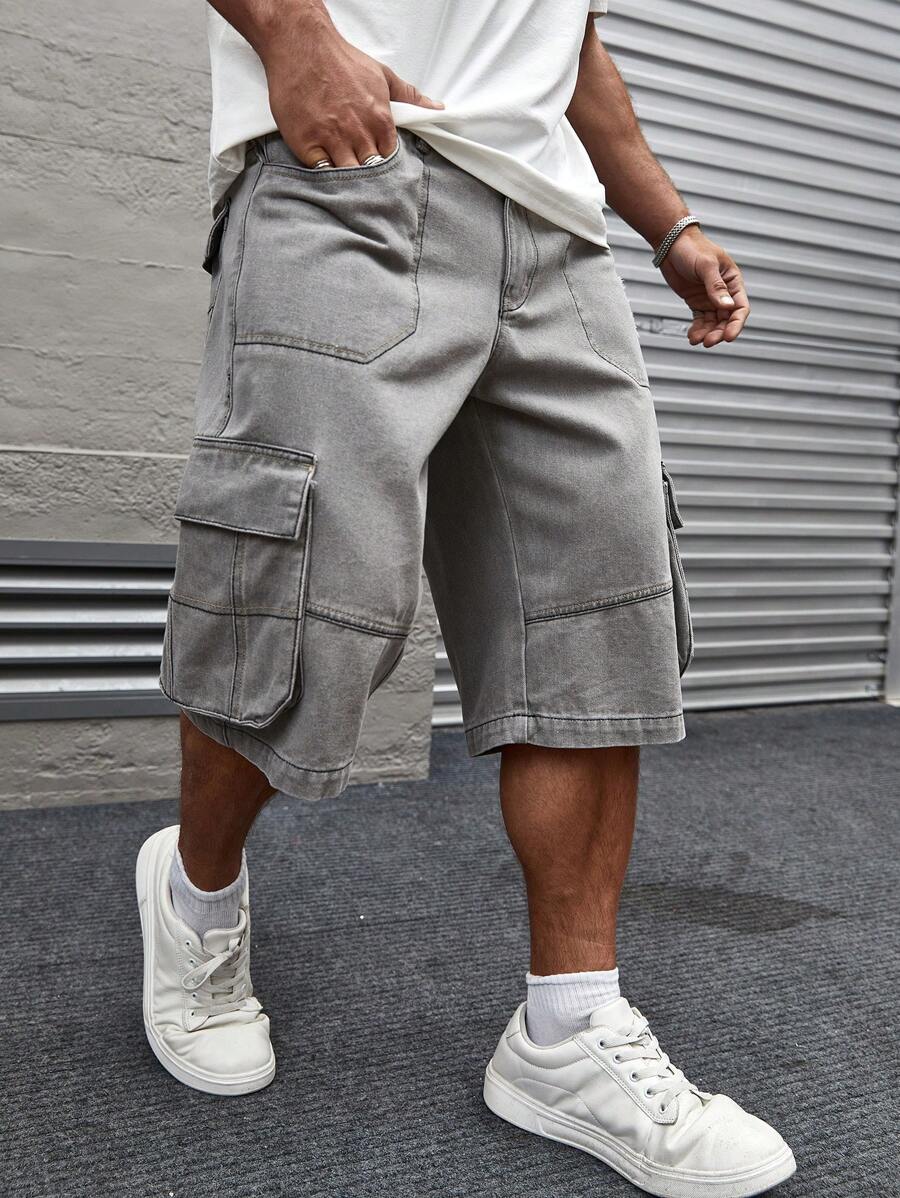 Manfinity LEGND Nam Mèo Whisker Thiết kế Cargo Quần short Denim - Màu Xám nhạt - Xem 1