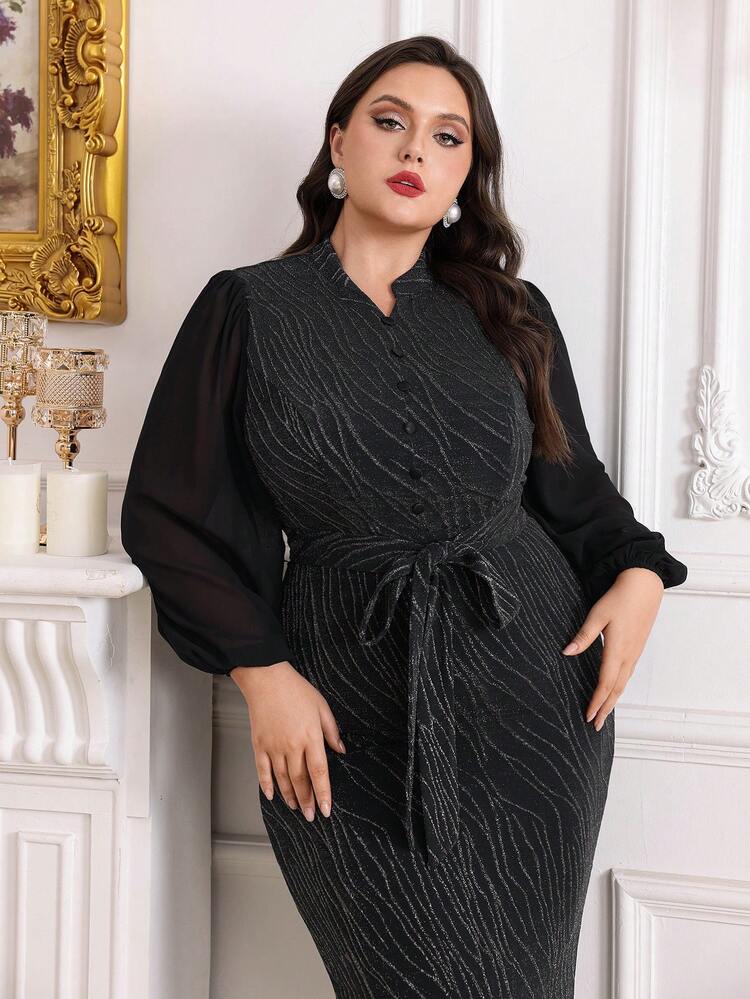 Plus Size Sparkly Patchwork Lantern Sleeve Mermaid Hem Dress Long Evening Dresses